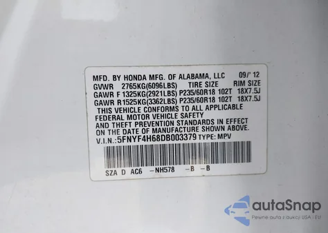 2013 Honda Pilot Ex-L z USA, uszkodzony, nr VIN 5FNYF4H68DB003379